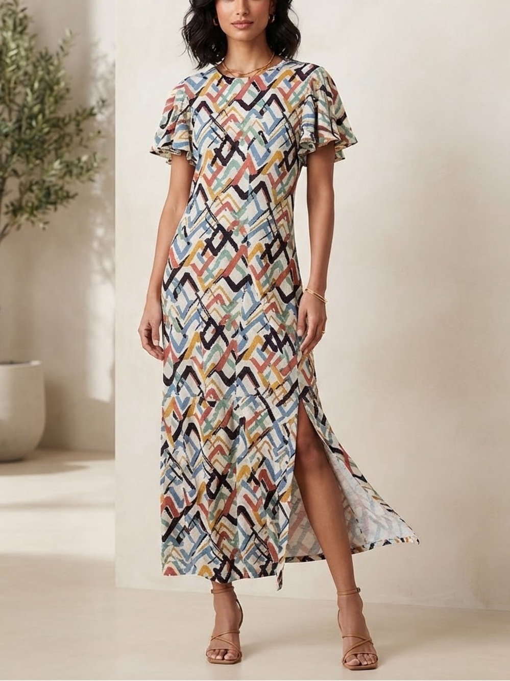 Sfera Geometric Chevron Flutter Sleeve Midi Dress Size XS Multicolor Slit❤️